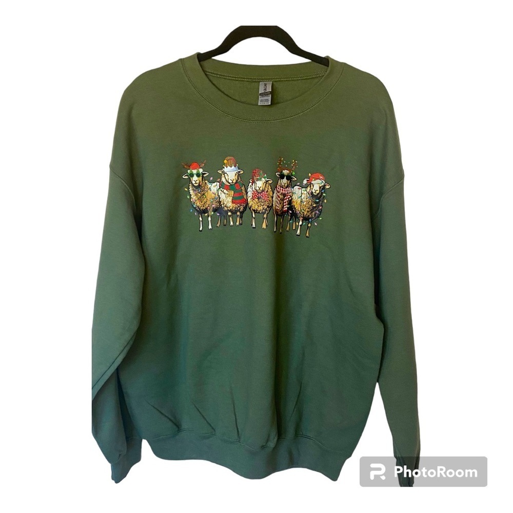 GILDAN Olive Green Sheep Christmas Sweatshirt NWOT